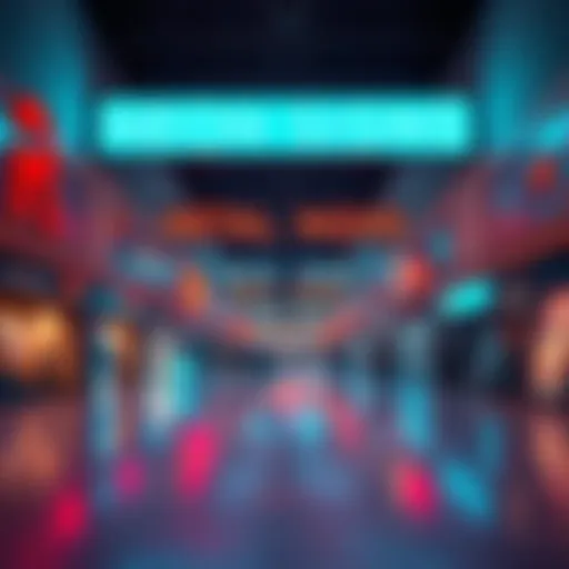 A spacious mall featuring bright neon signs and digital displays with few people walking around.