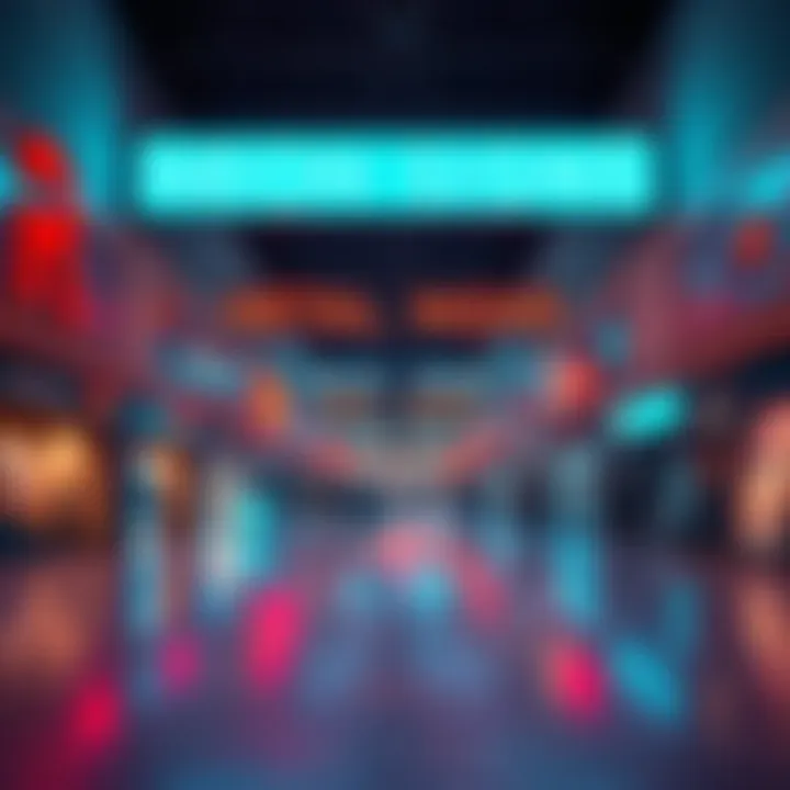 A spacious mall featuring bright neon signs and digital displays with few people walking around.