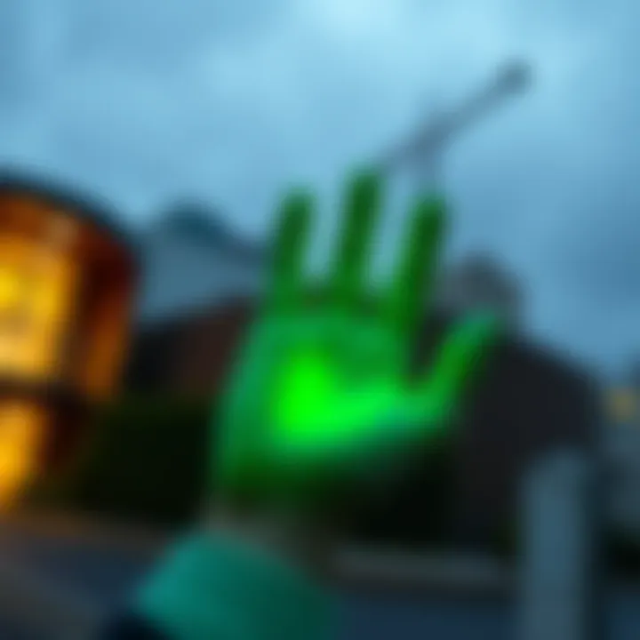A strange neon green hand-like figure seen outdoors, raising curiosity as it quickly disappears from view.
