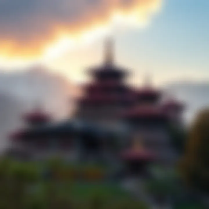Exploring Ancient Buddhist Monasteries A serene view of a historic Buddhist monastery in Nepal surrounded by mountains