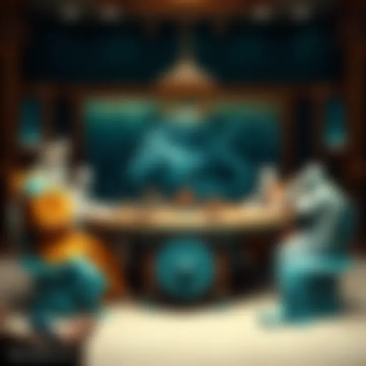 Debate on Neptune and Poseidon People discussing Neptune and Poseidon at a round table, with ocean-themed decor and books on mythology around them.