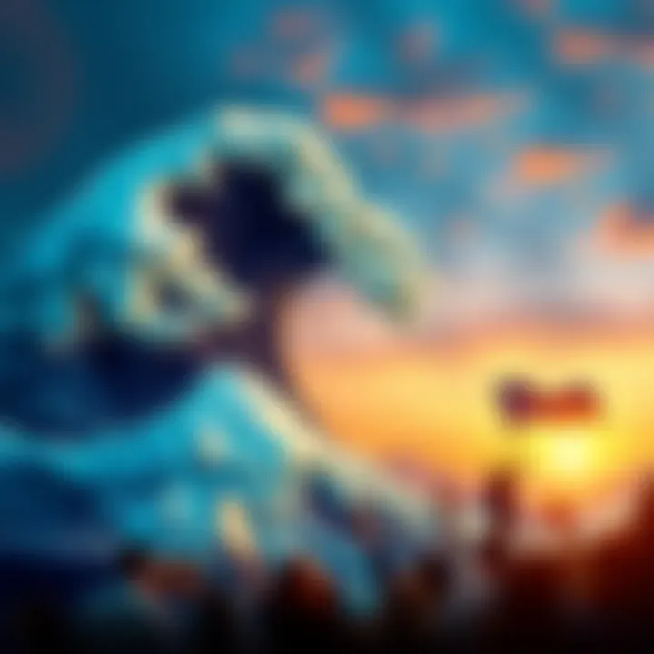 A vibrant scene depicting waves symbolizing Neptune's influence on social change, with people engaged in discussions and activism.