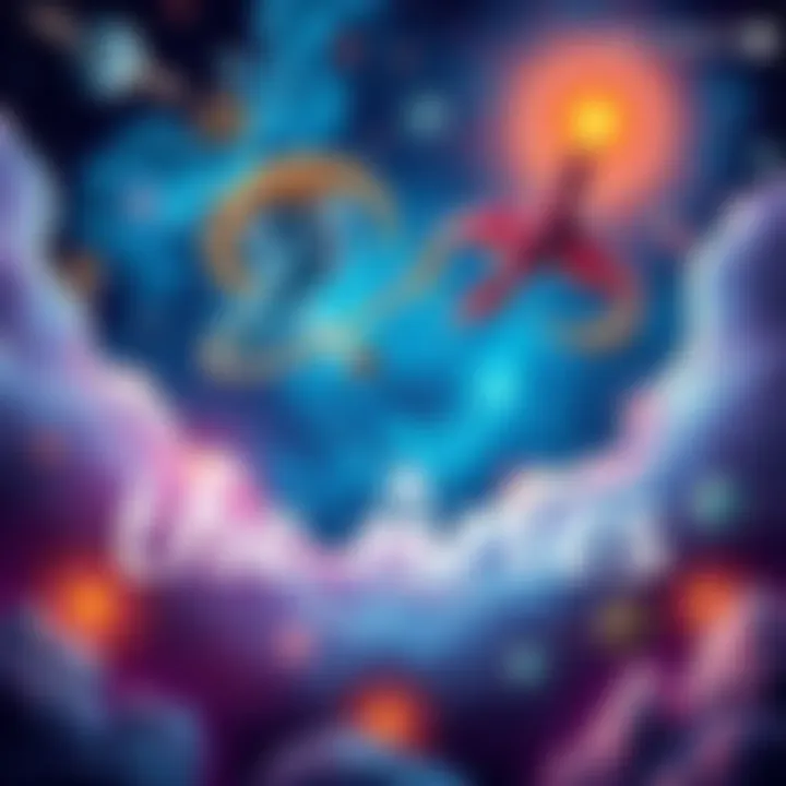 A dreamy representation of Neptune moving into Aries with colorful cosmic elements and symbols associated with daydreaming.