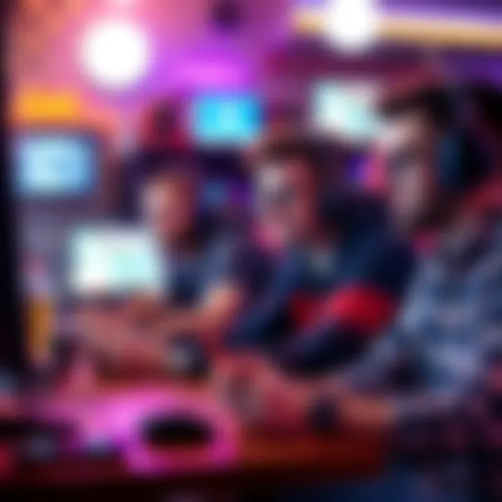 Nerdy guys playing games A group of nerdy guys enjoying video games in a gaming cafe, surrounded by gaming gear and snacks.