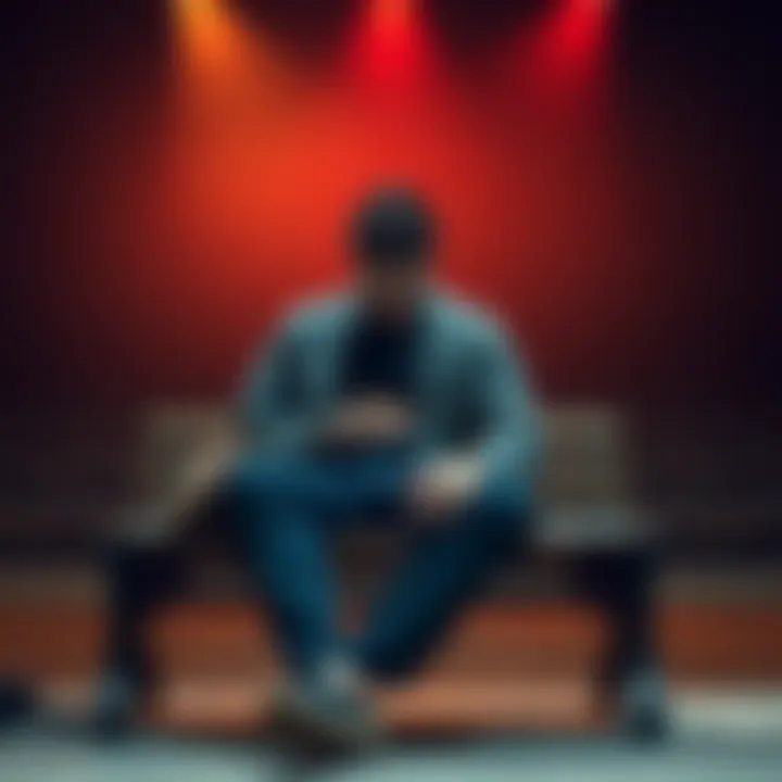 A person sitting on a bench looking nervous and holding their stomach before a performance, showing signs of anxiety and stress.