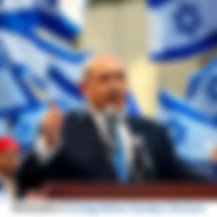 Benjamin Netanyahu speaking at a campaign rally, addressing supporters with a backdrop of Israeli flags, conveying urgency before elections.