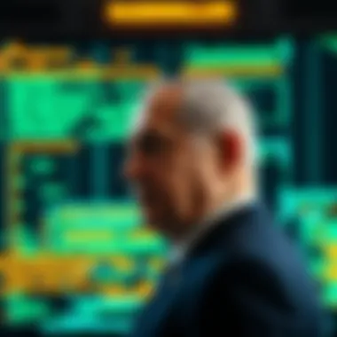 Israeli Prime Minister Benjamin Netanyahu standing before a digital screen displaying glitch effects, representing themes of technology and politics.