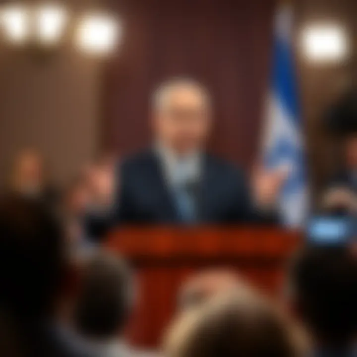 Netanyahu speaking at a podium Israeli Prime Minister Netanyahu addressing an audience during a press conference about a video