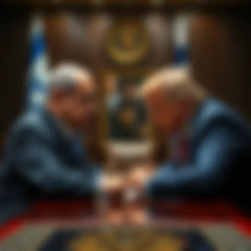 Netanyahu and Trump Meeting Israeli Prime Minister Netanyahu meeting with President Trump to discuss urgent issues related to the Iran deal, depicting a tense atmosphere between the leaders.