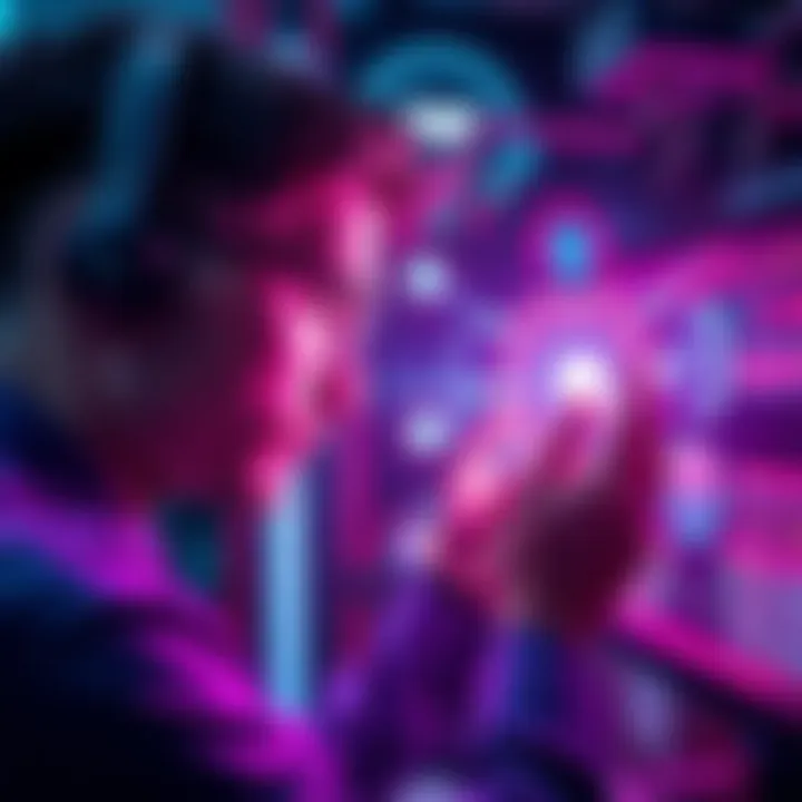 A person interacting with a Neuralink device, demonstrating human-machine connection in a tech environment.