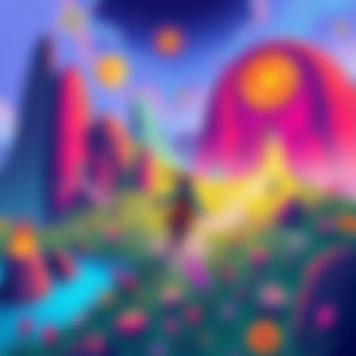 A vibrant illustration depicting a character navigating a fantastical landscape filled with symbols of creativity and individuality, embodying the essence of neurodiversity.