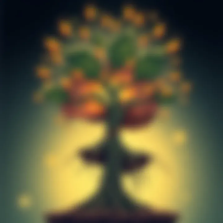 An illustration showing a tree growing from a brain, symbolizing personal growth through neurosis, with roots entangled in inner conflicts and branches reaching towards enlightenment.