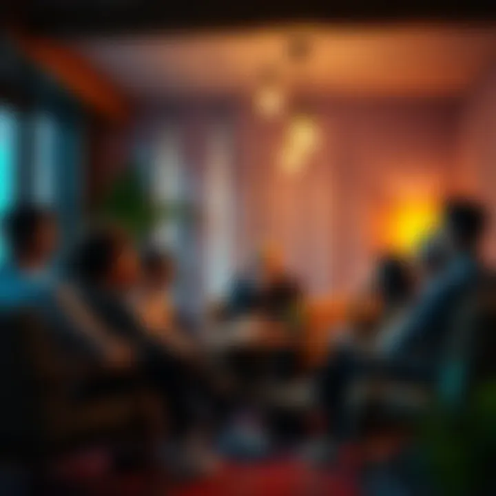 A diverse group of people engaged in a lively discussion about Neville Goddard's ideas and teachings in a cozy setting