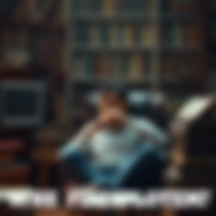 Person pondering solipsism A thoughtful person sitting in a chair, looking contemplative, surrounded by books on philosophy and spirituality, symbolizing the exploration of personal reality.