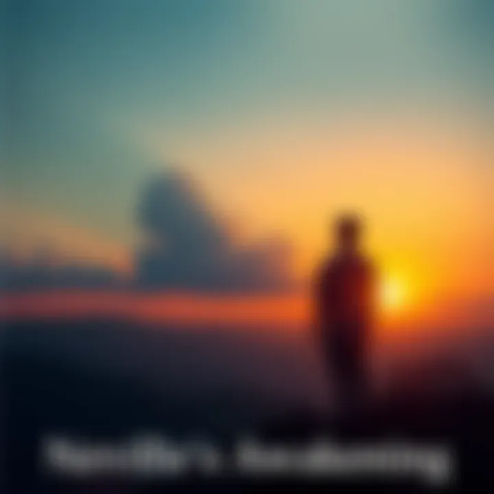 A serene landscape representing spiritual existence with a sunrise and a silhouette of a person contemplating life and death.