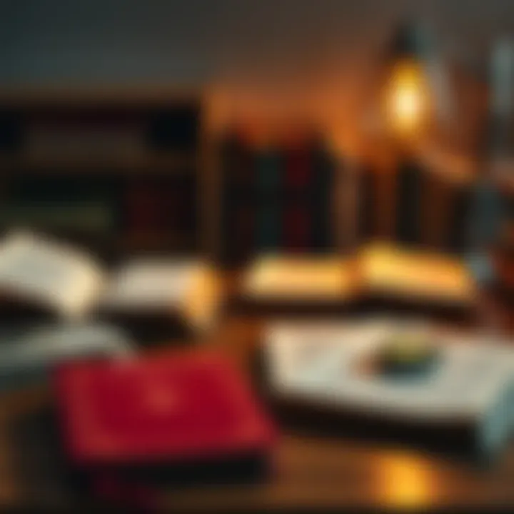 A collection of books and notes laid out on a desk, representing the study of Neville's teachings