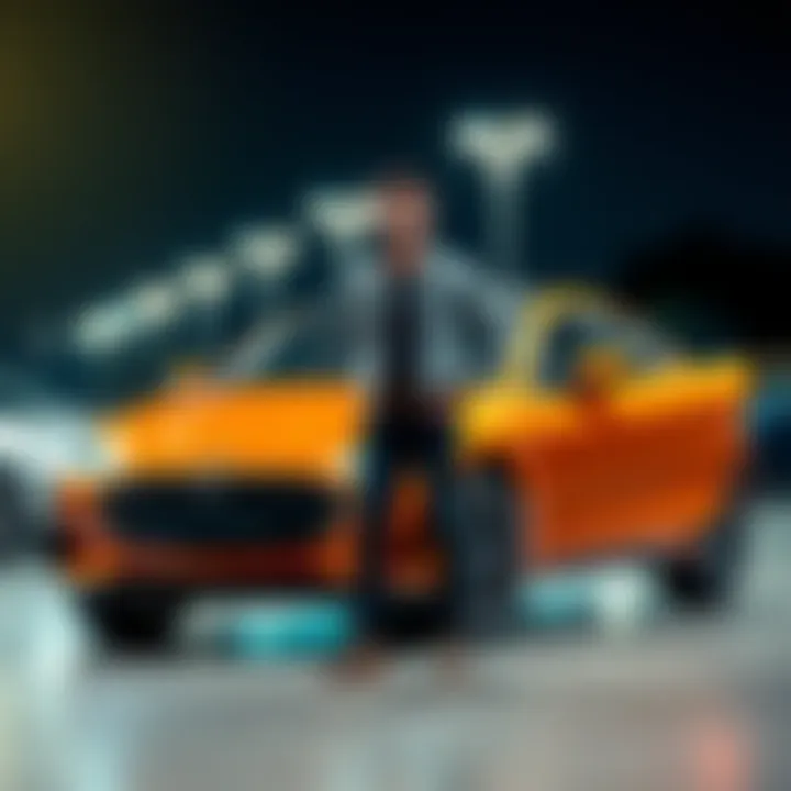 A happy individual proudly poses next to their newly acquired dream car after a day of positive thinking.