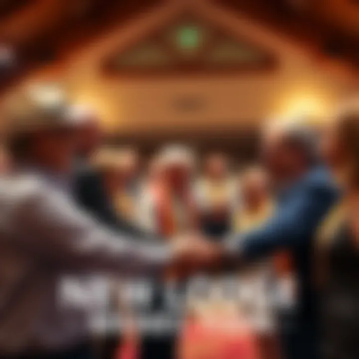 A joyful group of new lodge members celebrating their initiation with smiles and handshakes