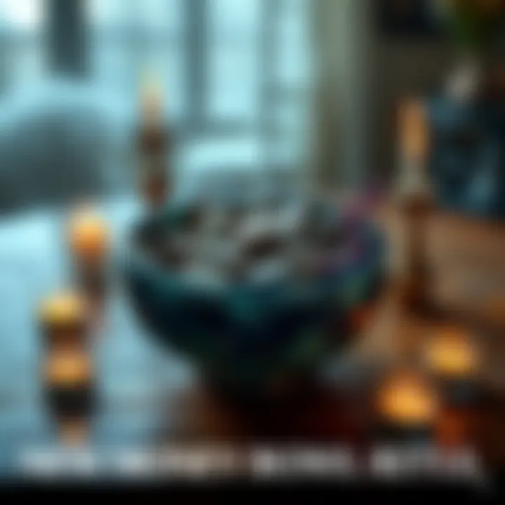 A bowl filled with coins, crystals, and herbs for the New Moon Money Bowl Ritual on a wooden table with candles around it.