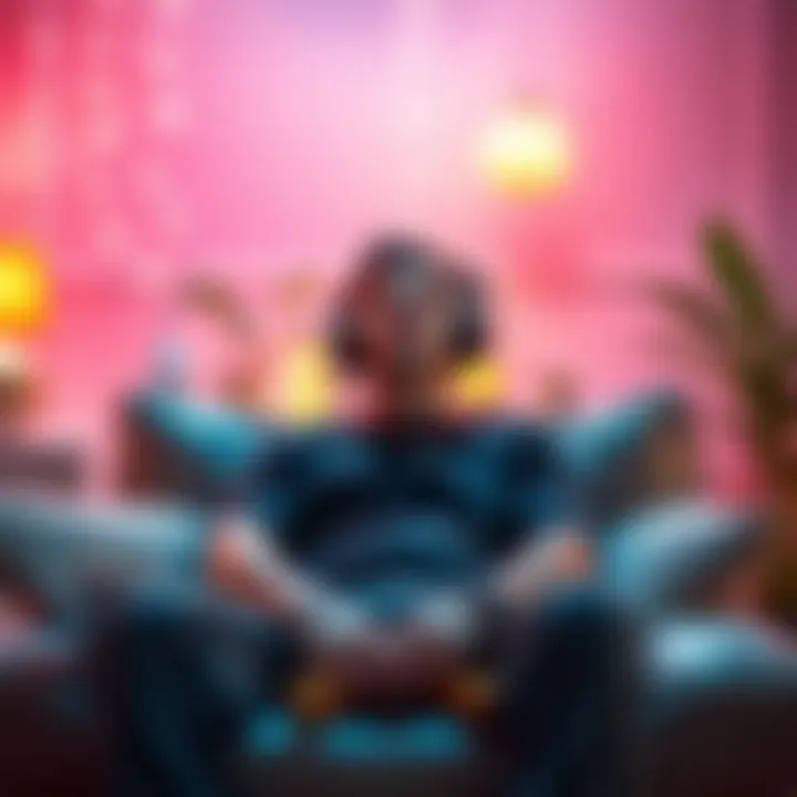 A person sitting comfortably with headphones on, enjoying relaxing sounds, surrounded by calming visuals