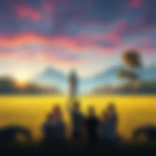 A serene gathering of people in a peaceful outdoor setting discussing spiritual topics, with symbols of New Age beliefs in the background.