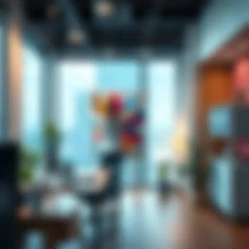 A person hanging a colorful canvas in a modern office space with a desk and plants