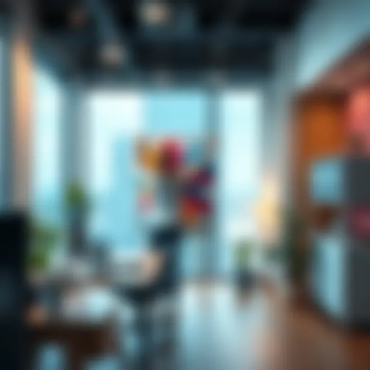 A person hanging a colorful canvas in a modern office space with a desk and plants