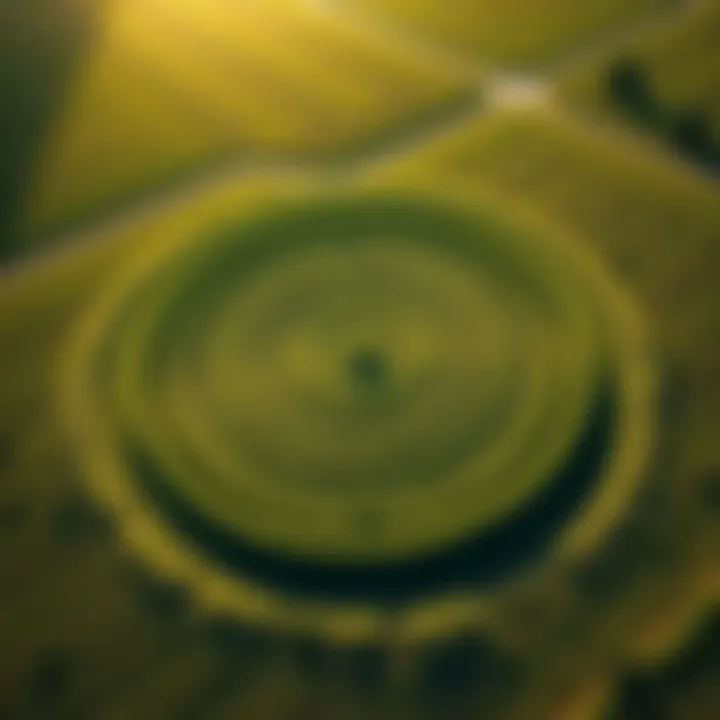 Aerial view of a newly discovered crop circle in a local field, showcasing intricate designs in the crops.
