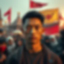 A person stands in front of a crowd, with a backdrop of various cultural symbols representing their origins.