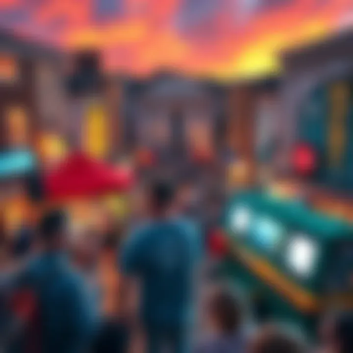 A lively gathering of people enjoying events in a bustling town square, showcasing the arrival of new groups.