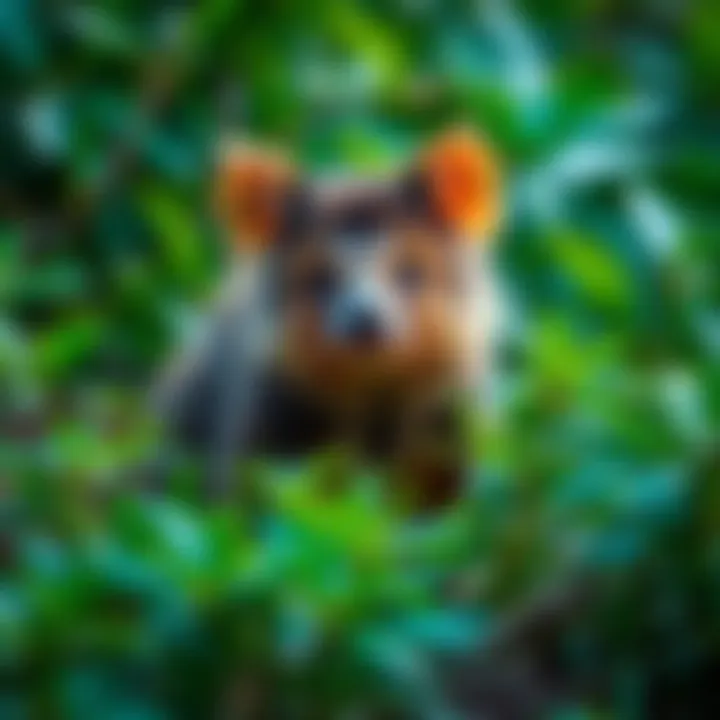 A New Guinea marsupial, once thought extinct, is seen in its natural habitat surrounded by lush greenery.