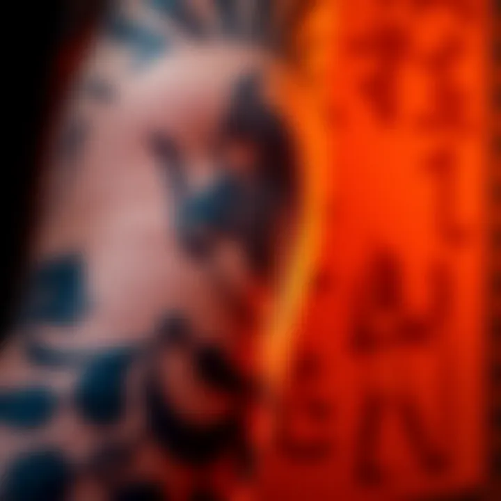 A close-up of a person's arm featuring a detailed Isis tattoo against a backdrop of ancient Egyptian symbols.