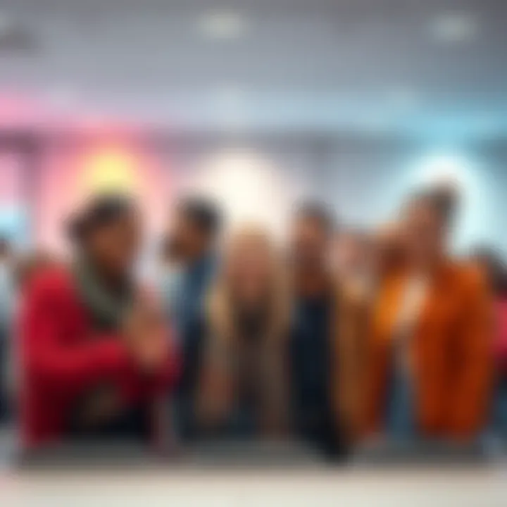 New Moderators Introduction A group of diverse new moderators smiling and engaging with the community in a lively forum setting.