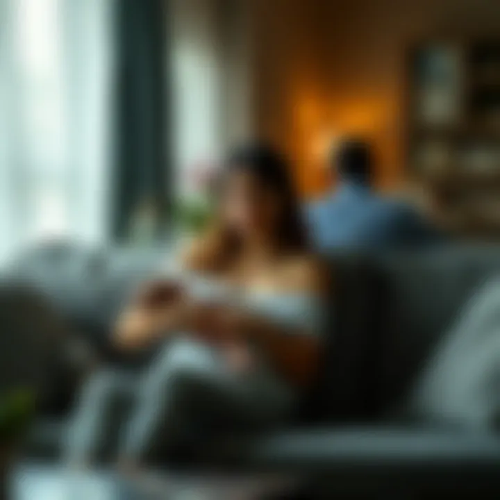 A new mother sits alone on a couch, looking worried while holding her baby, her husband is seen in the background with his back turned, deep in conversation with his mother, illustrating emotional distance.