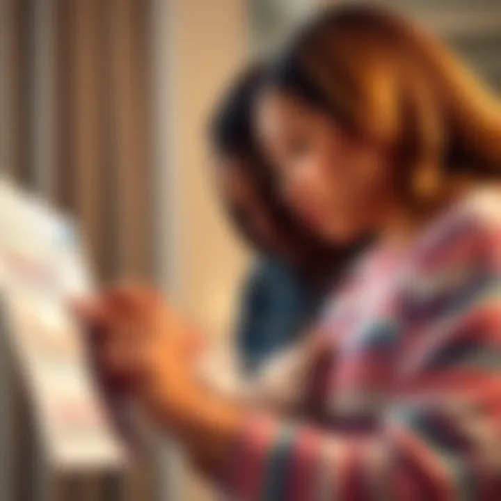 A new mother studying her newborn's medical chart with a concerned expression