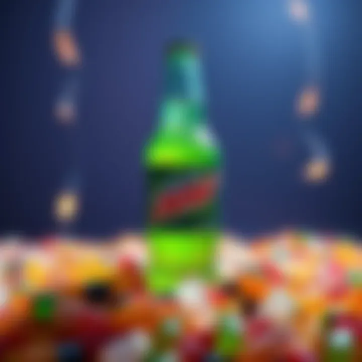 A bottle of New Mountain DEW with a vibrant label and surrounded by colorful gummy candies, illustrating the buzz on social media.