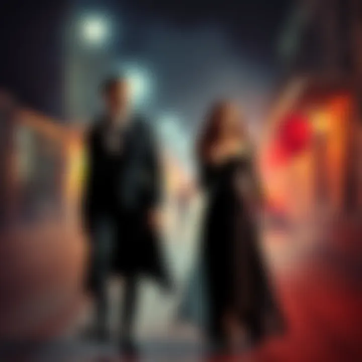 A stylish man in a dark suit and a mysterious girl in a flowing dress, both with an air of intrigue, walk through a foggy street in New Orleans at night.