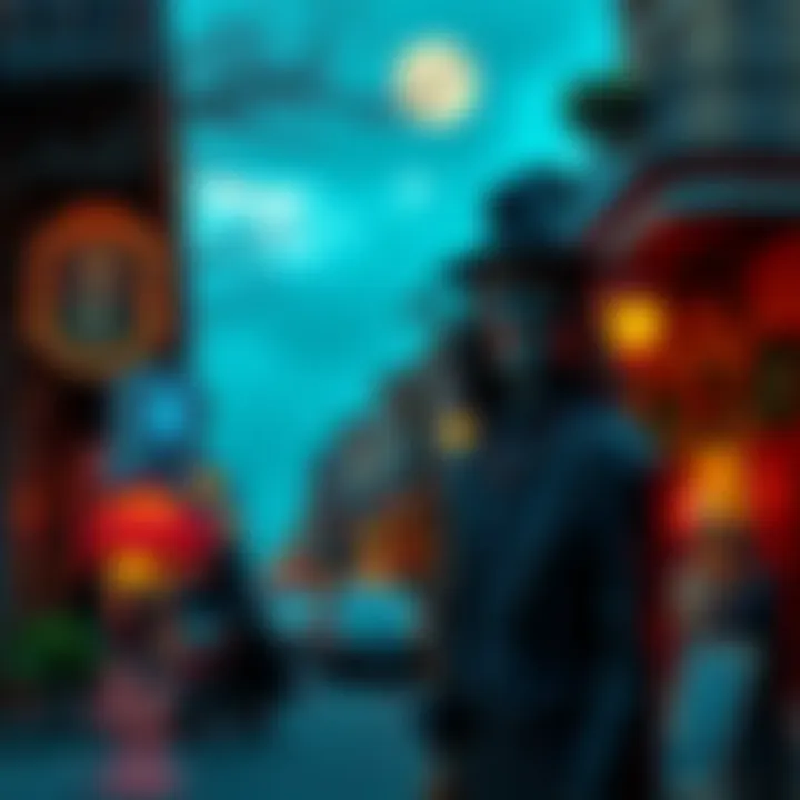 A lively street scene in New Orleans with a vampire and witch figure, showcasing local culture and spooky elements.