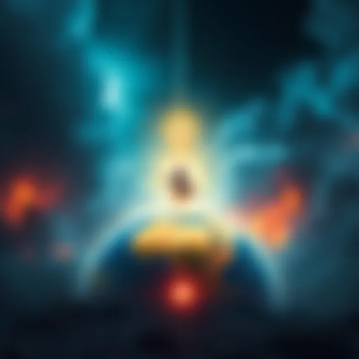 A figure representing a new seer, glowing with energy, rising above a decaying Earth, surrounded by environmental destruction and uncertainty.