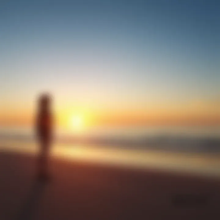 A peaceful scene of a young person standing on a calm beach at sunset, looking thoughtfully at the horizon, symbolizing the experience of a new soul in life.