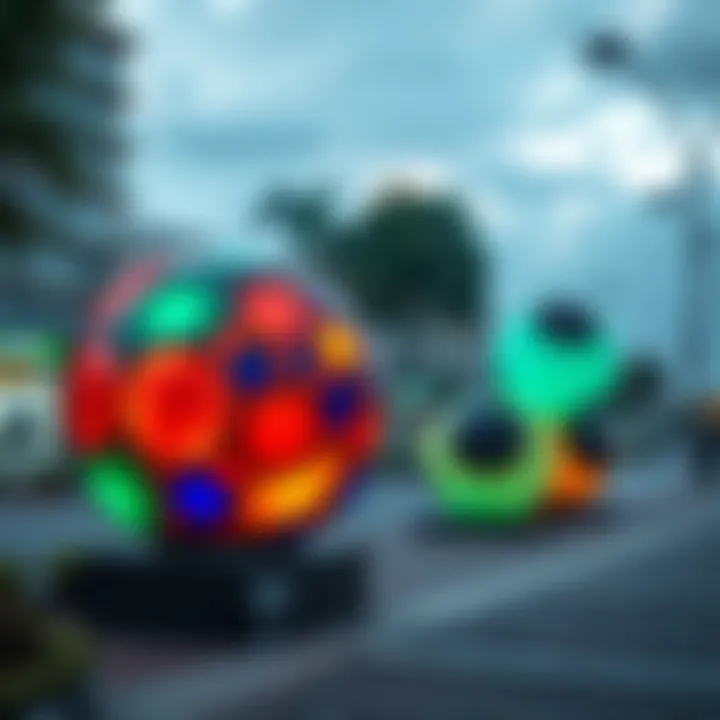 Two new spheres next to the Buga Sphere in a public area in Buga, showcasing their colorful designs and intriguing shapes.