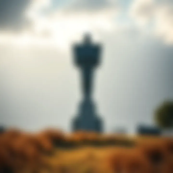 A newly built statue stands in a remote location, attracting attention from the locals. The statue is tall and has a unique design, surrounded by grass and trees.