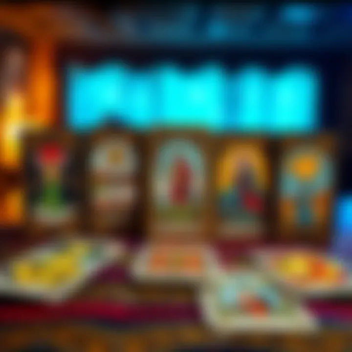 A collection of five unique tarot decks displayed on a table, showcasing their artistic designs and colors.