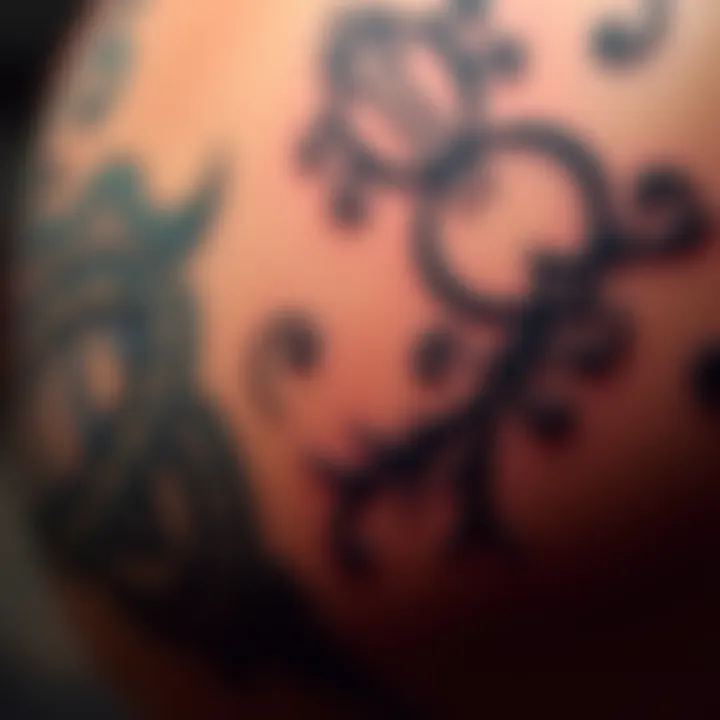 A close-up view of a freshly inked tattoo on skin, showcasing intricate designs and details.