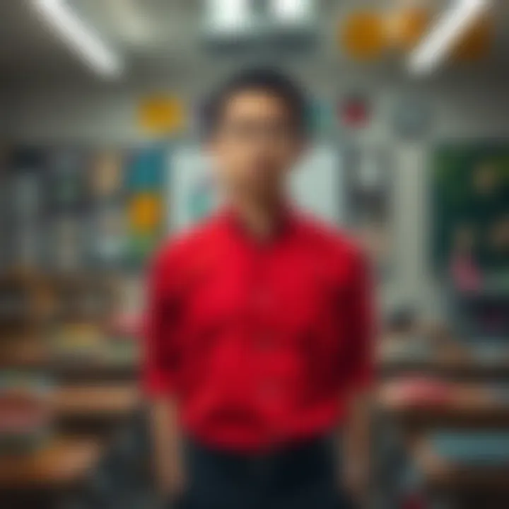 A new teacher stands nervously in a classroom filled with books and colorful posters, preparing to teach for the first time.