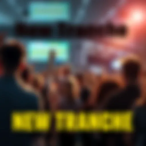 Graphic representing an important announcement about a new tranche with people eagerly waiting for updates