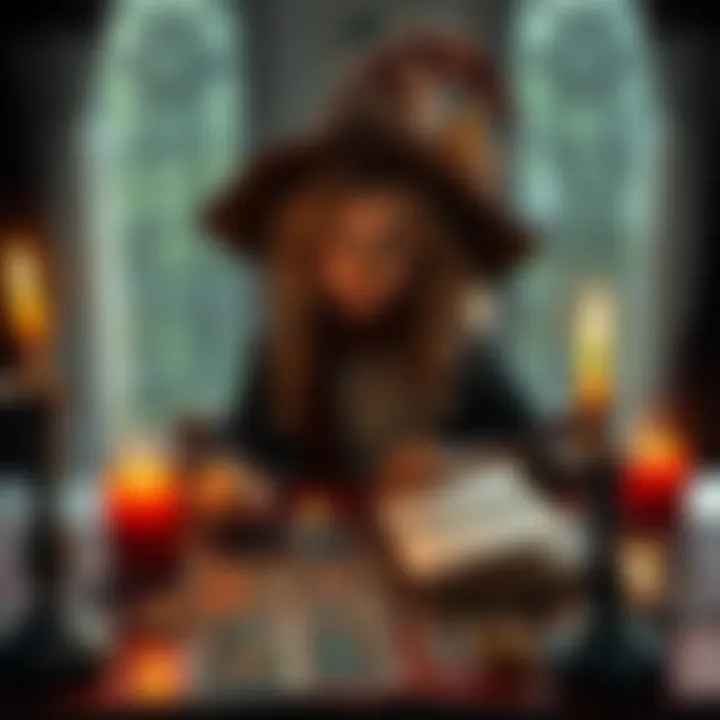 A new witch sits at a table with tarot cards and an open Book of Shadows, surrounded by candles and crystals, looking curious and focused.