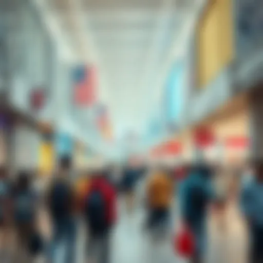 A group of new employees gathered in a bustling mall, surrounded by stores and shoppers.