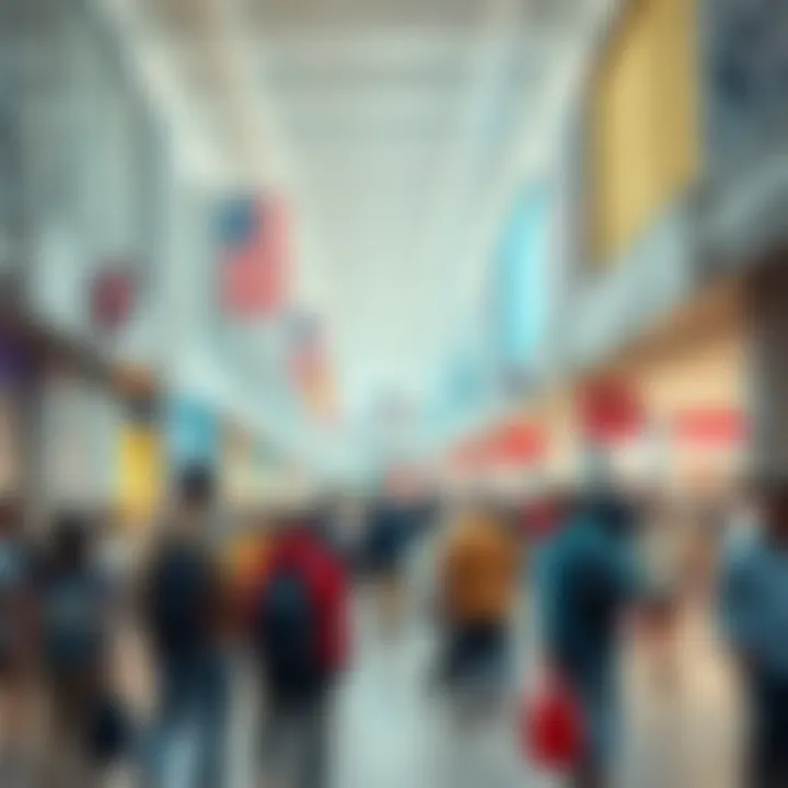 New workers in mall A group of new employees gathered in a bustling mall, surrounded by stores and shoppers.