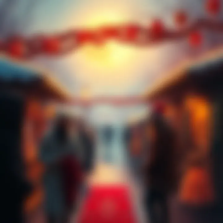 People celebrating New Year's Day with traditional decorations, a full moon shining, and festive attire.